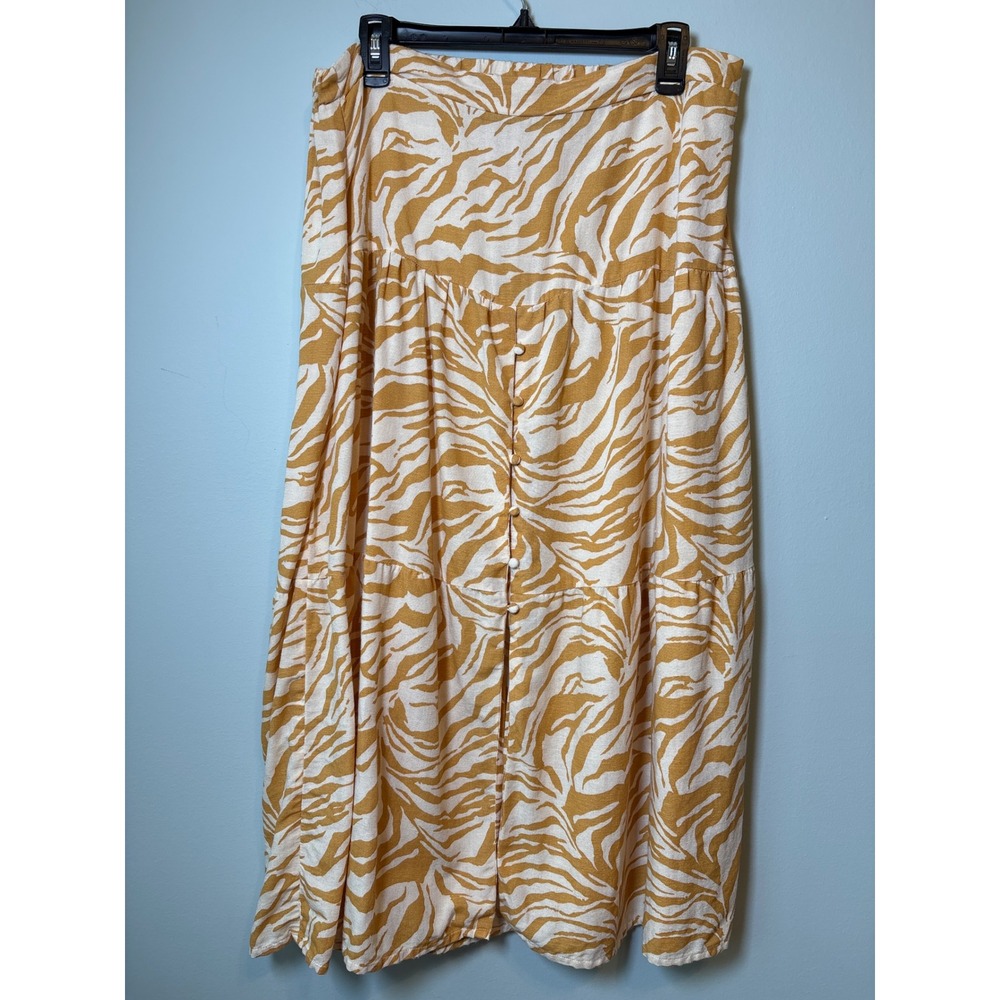 Midnight Sky Zebra Print Tiered Midi‎ Skirt Mustard Yellow Linen Blend Womens XL